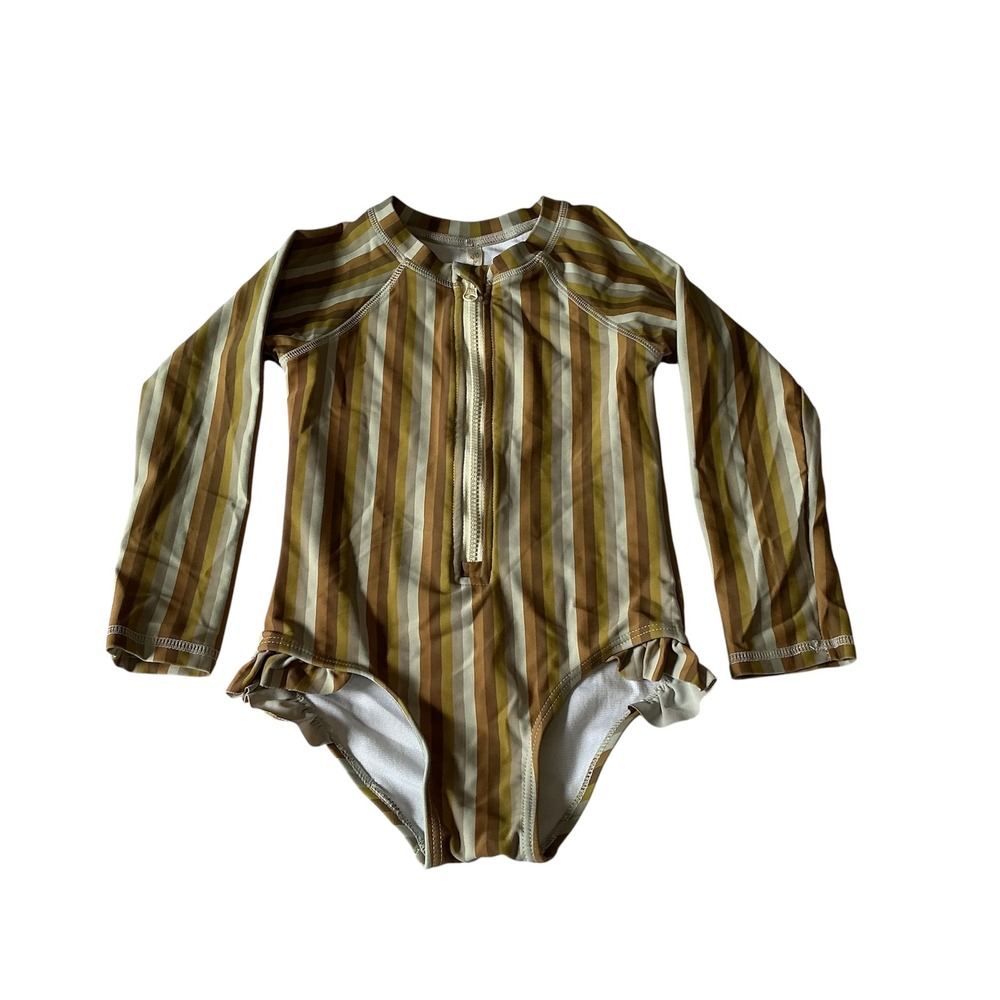 Rylee + Cru 2-3Y Rashguard One Piece Multi-stripe Zip Up Ruffle Swimsuit